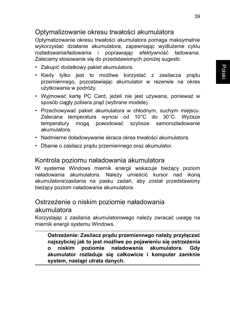 Optymalizowanie okresu trwałości akumulatora, Kontrola poziomu naładowania akumulatora | Acer TravelMate B113-M User Manual | Page 1167 / 2734