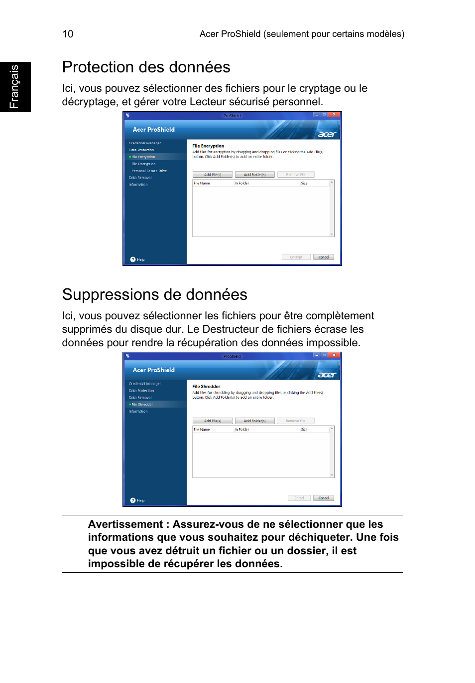 Protection des données, Suppressions de données | Acer TravelMate B113-M User Manual | Page 118 / 2734