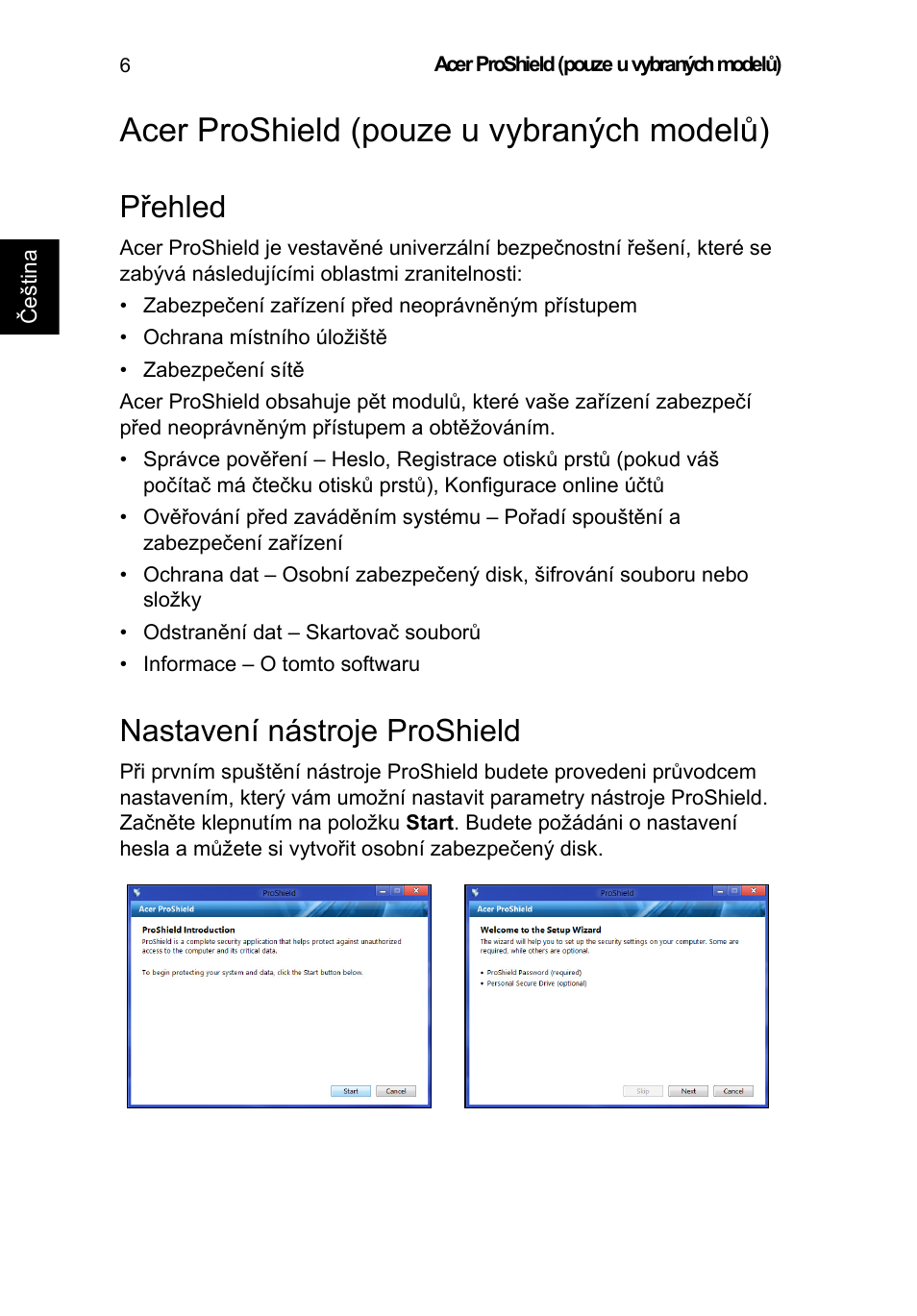 Acer proshield (pouze u vybraných modelů), Přehled, Nastavení nástroje proshield | Acer TravelMate B113-M User Manual | Page 1318 / 2734