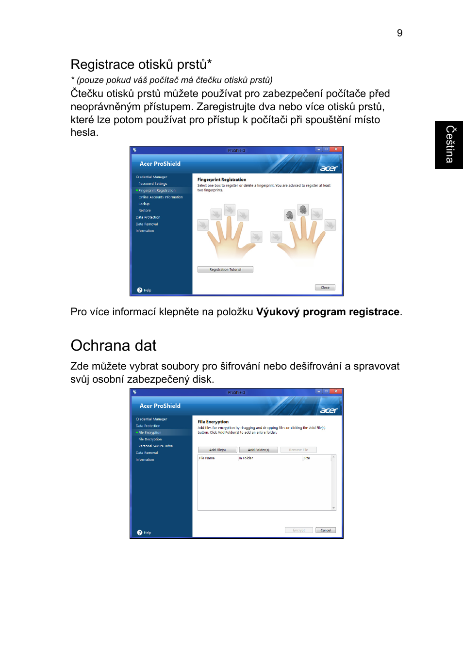 Registrace otisků prstů, Ochrana dat | Acer TravelMate B113-M User Manual | Page 1321 / 2734