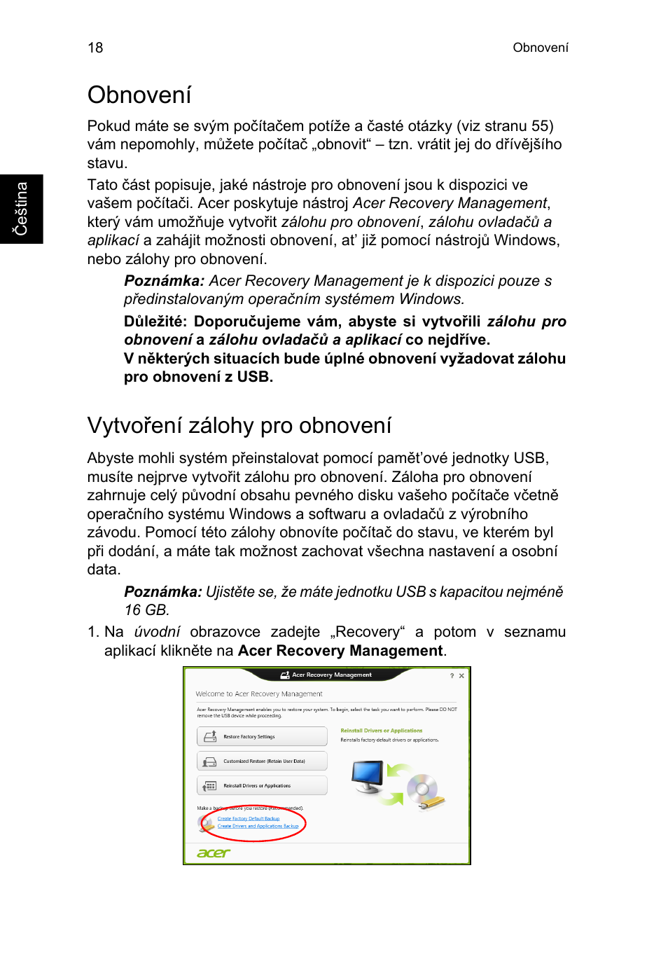 Obnovení, Vytvoření zálohy pro obnovení | Acer TravelMate B113-M User Manual | Page 1330 / 2734