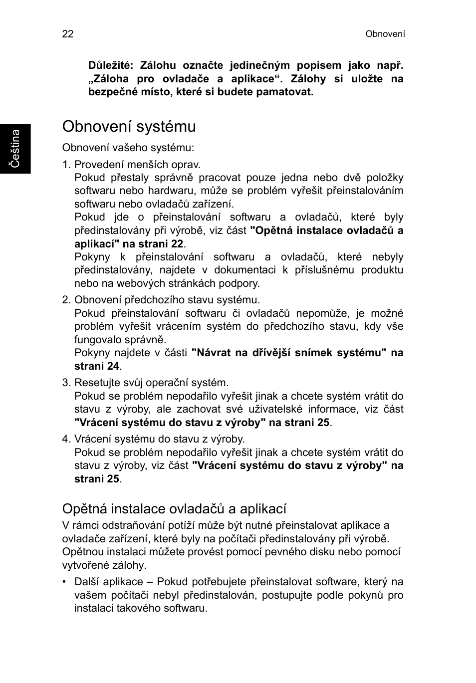 Obnovení systému, Opětná instalace ovladačů a aplikací | Acer TravelMate B113-M User Manual | Page 1334 / 2734