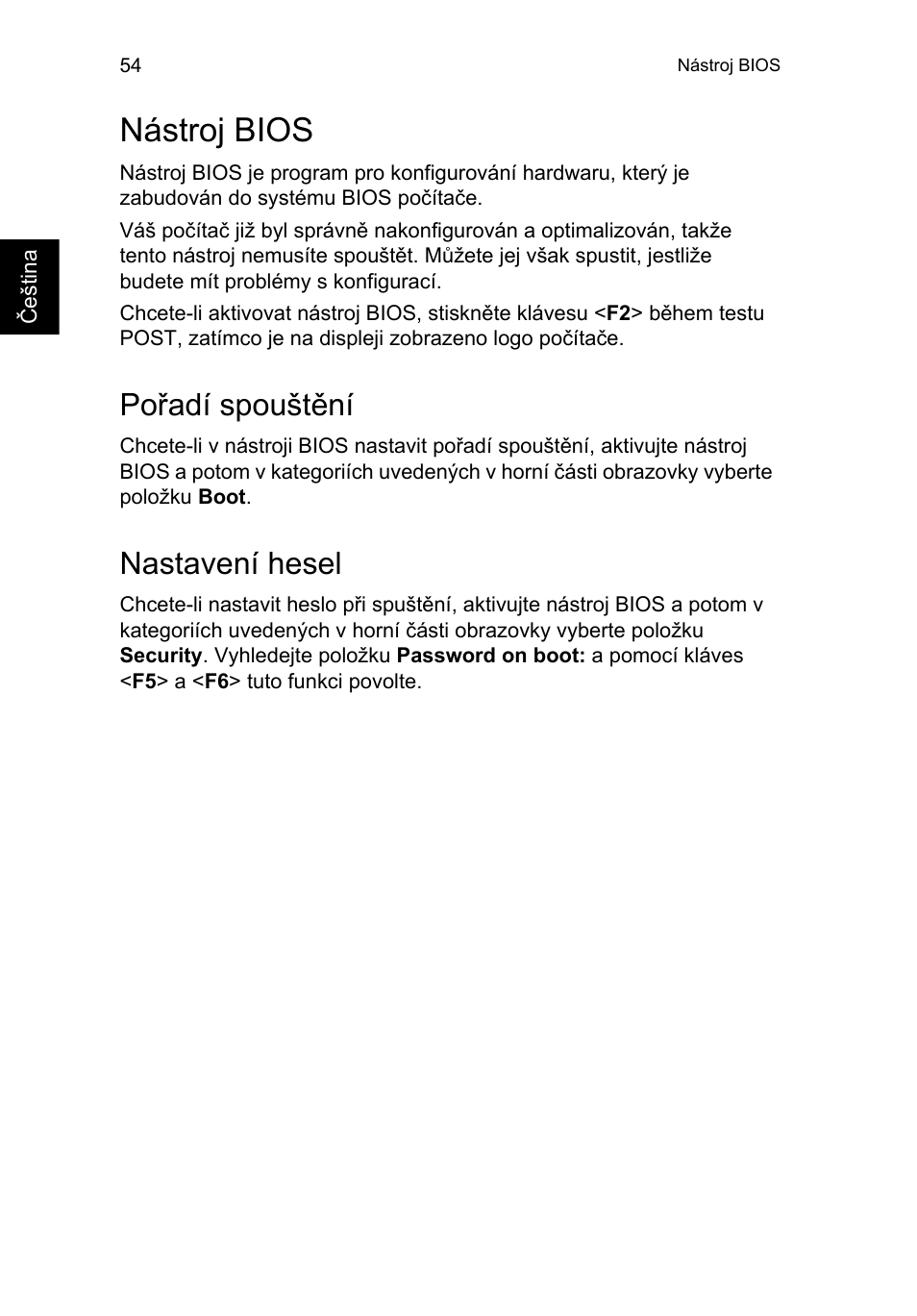 Nástroj bios, Pořadí spouštění, Nastavení hesel | Acer TravelMate B113-M User Manual | Page 1366 / 2734