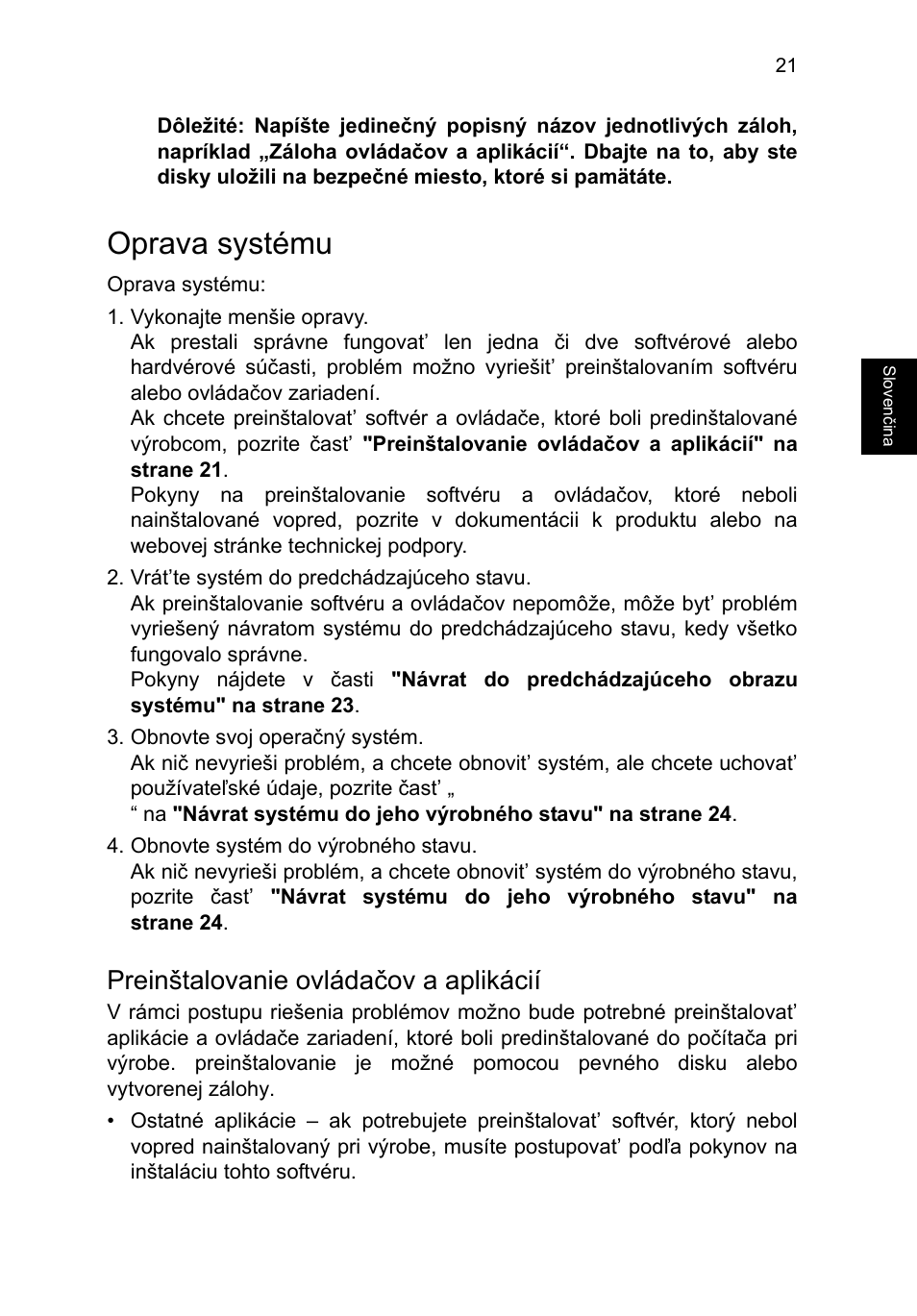 Oprava systému, Preinštalovanie ovládačov a aplikácií | Acer TravelMate B113-M User Manual | Page 1423 / 2734