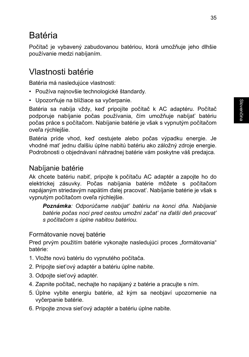 Batéria, Vlastnosti batérie, Nabíjanie batérie | Acer TravelMate B113-M User Manual | Page 1437 / 2734