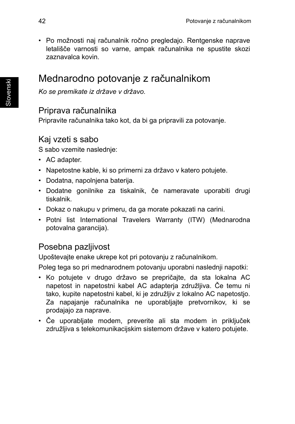 Mednarodno potovanje z računalnikom, Priprava računalnika, Kaj vzeti s sabo | Posebna pazljivost | Acer TravelMate B113-M User Manual | Page 1534 / 2734