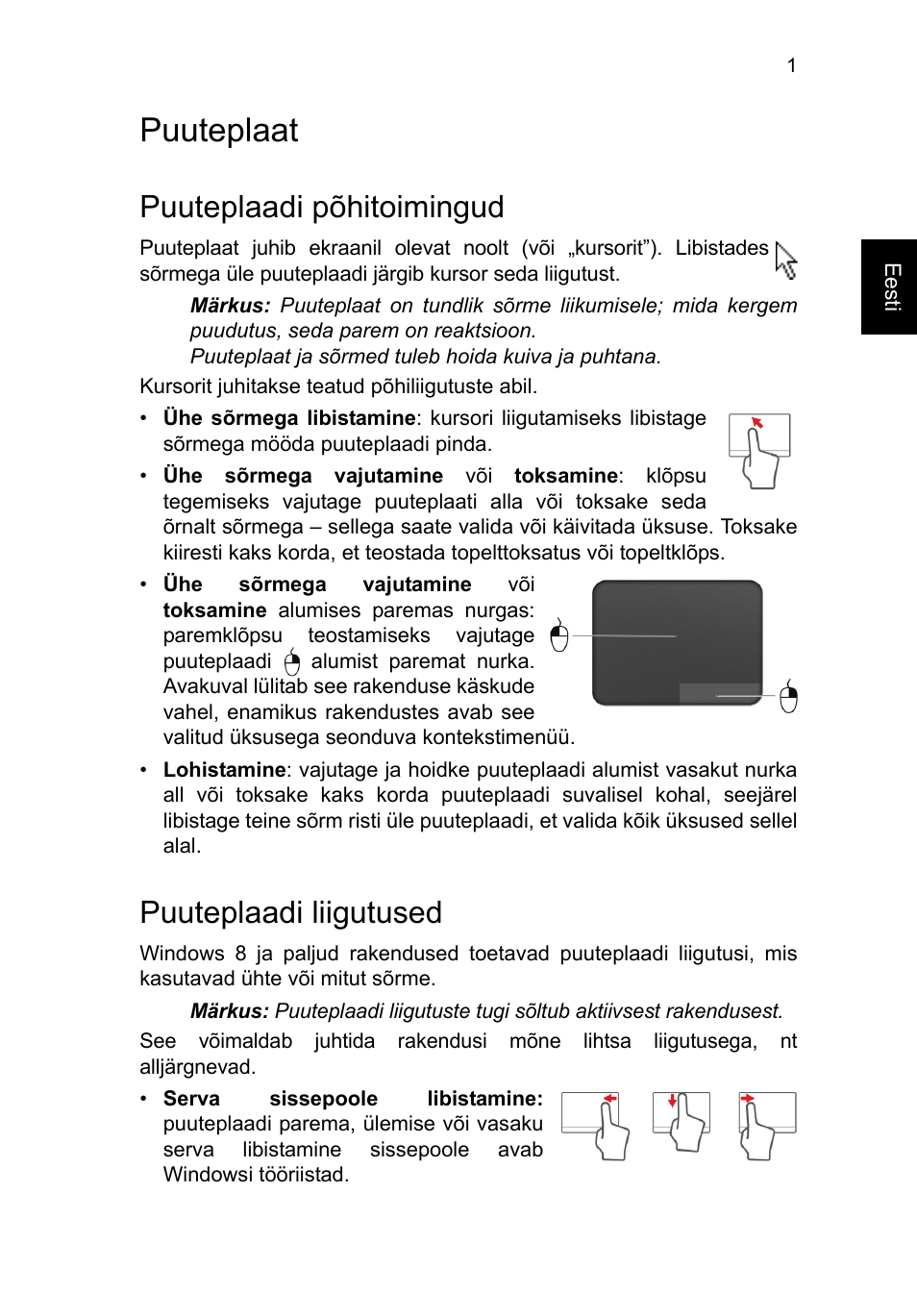 Puuteplaat, Puuteplaadi põhitoimingud, Puuteplaadi liigutused | Puuteplaat 1 | Acer TravelMate B113-M User Manual | Page 1859 / 2734