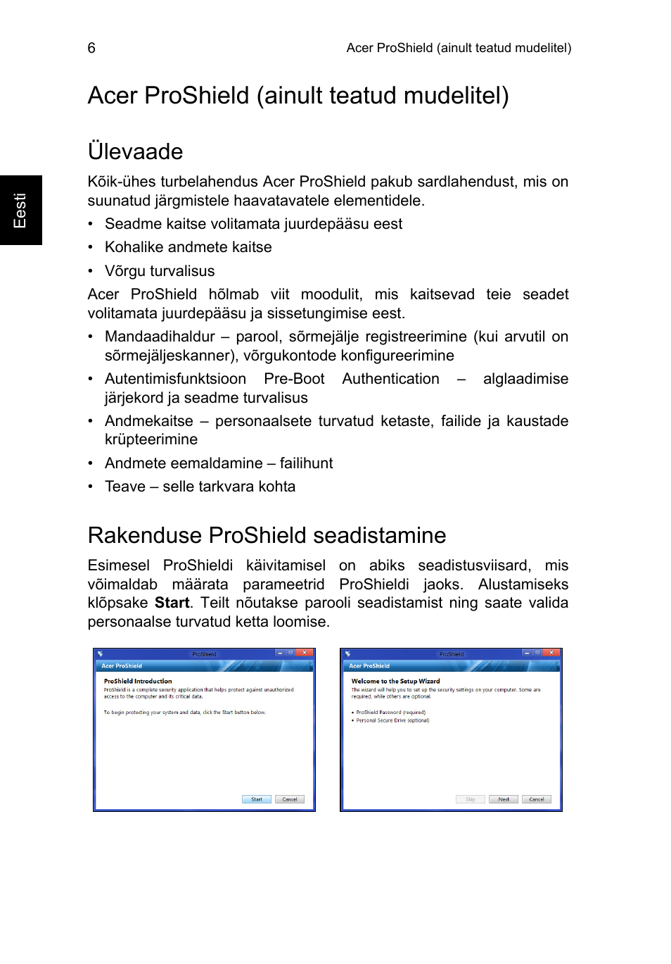 Acer proshield (ainult teatud mudelitel), Ülevaade, Rakenduse proshield seadistamine | Acer TravelMate B113-M User Manual | Page 1864 / 2734