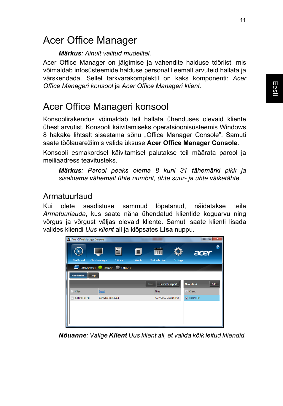 Acer office manager, Acer office manageri konsool, Armatuurlaud | Acer TravelMate B113-M User Manual | Page 1869 / 2734