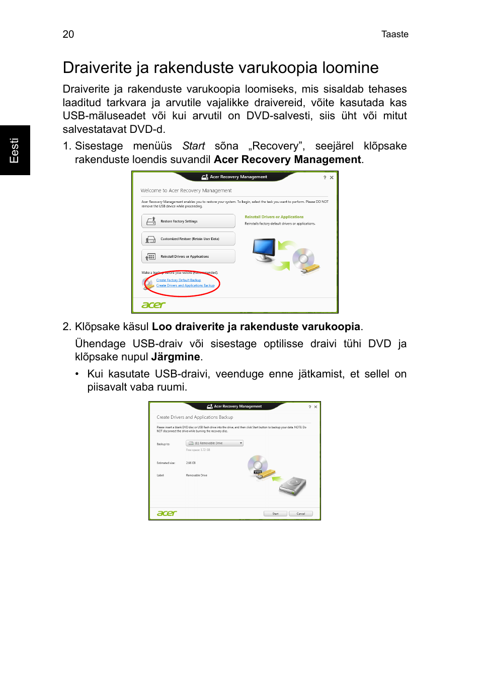 Draiverite ja rakenduste varukoopia loomine | Acer TravelMate B113-M User Manual | Page 1878 / 2734