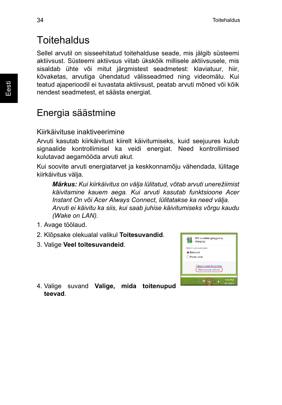 Toitehaldus, Energia säästmine, Toitehaldus 34 | Acer TravelMate B113-M User Manual | Page 1892 / 2734