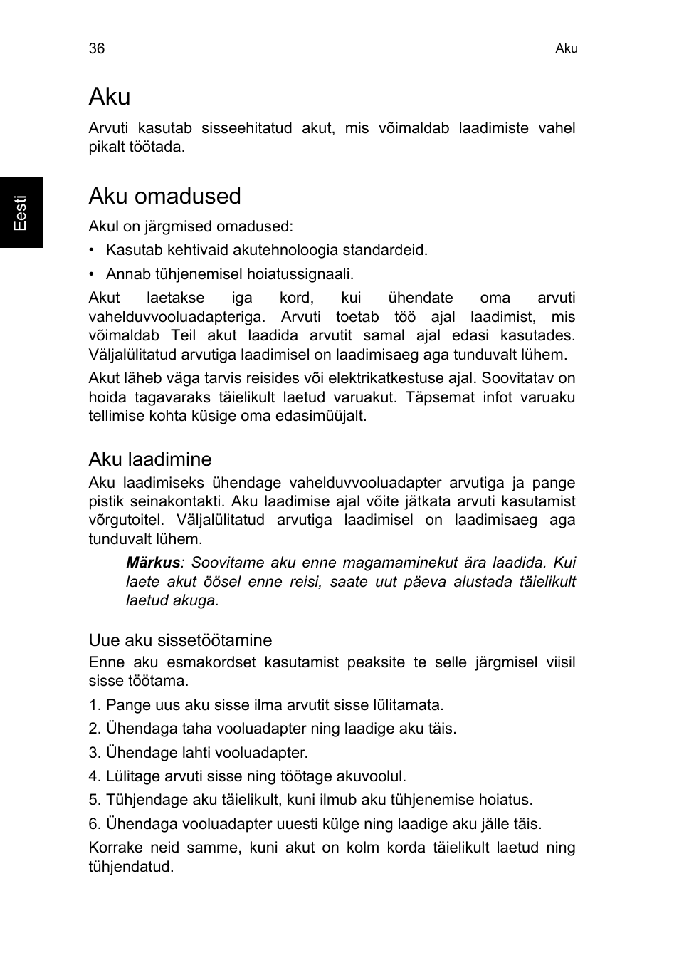 Aku omadused, Aku laadimine, Aku 36 | Acer TravelMate B113-M User Manual | Page 1894 / 2734