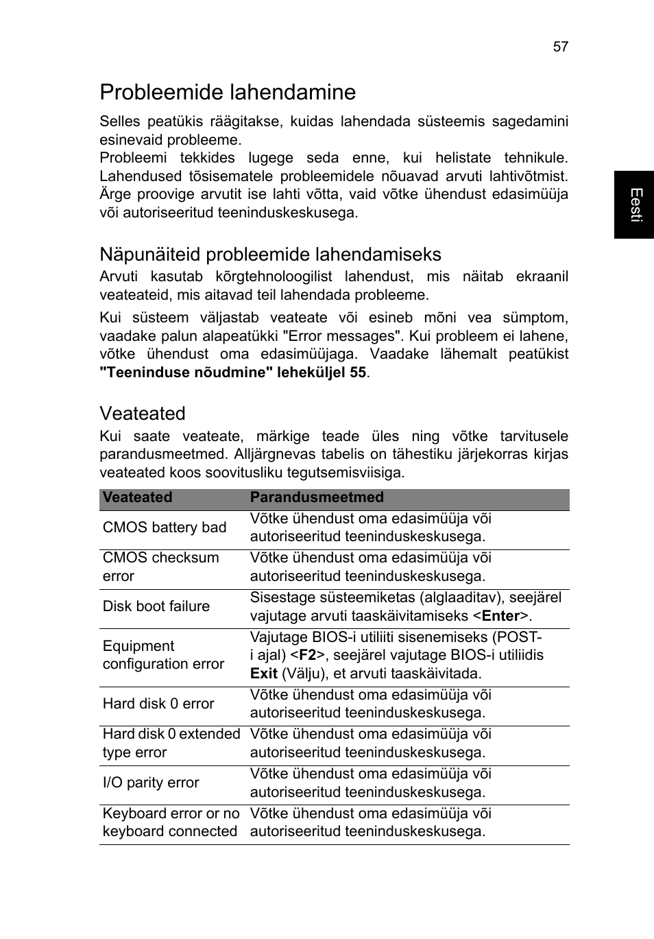 Probleemide lahendamine, Näpunäiteid probleemide lahendamiseks, Veateated | Acer TravelMate B113-M User Manual | Page 1915 / 2734