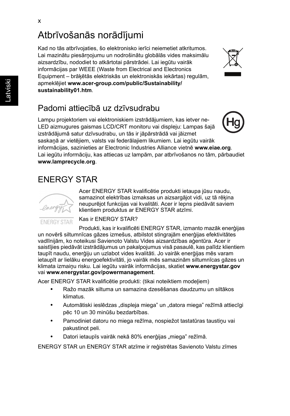 Atbrīvošanās norādījumi, Padomi attiecībā uz dzīvsudrabu, Energy star | Acer TravelMate B113-M User Manual | Page 1938 / 2734