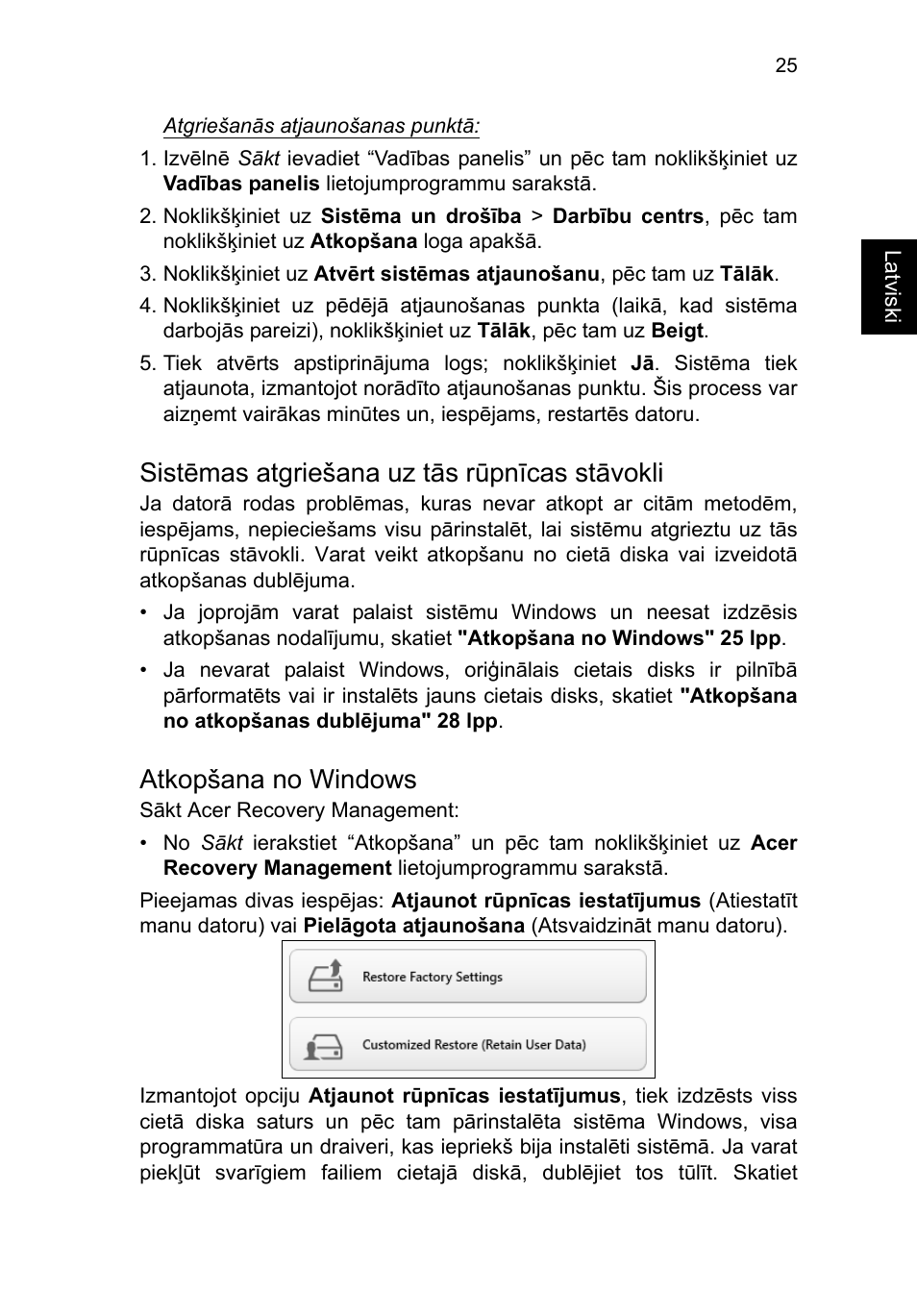 Sistēmas atgriešana uz tās rūpnīcas stāvokli, Atkopšana no windows | Acer TravelMate B113-M User Manual | Page 1973 / 2734