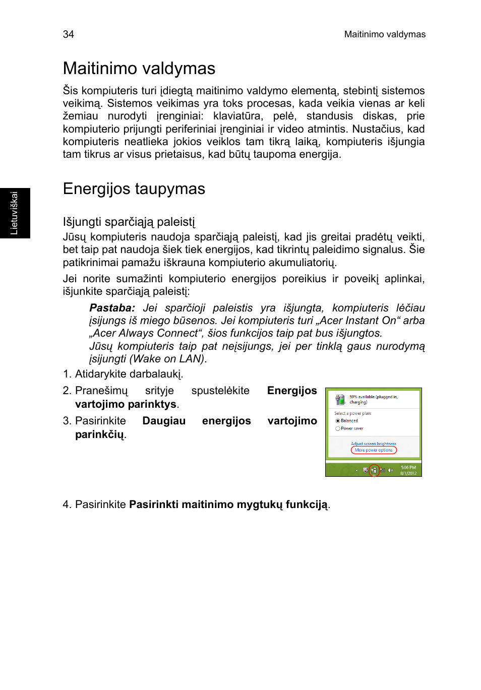 Maitinimo valdymas, Energijos taupymas | Acer TravelMate B113-M User Manual | Page 2074 / 2734