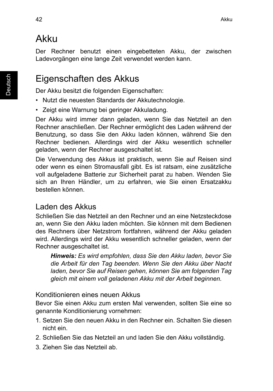 Akku, Eigenschaften des akkus, Laden des akkus | Acer TravelMate B113-M User Manual | Page 246 / 2734