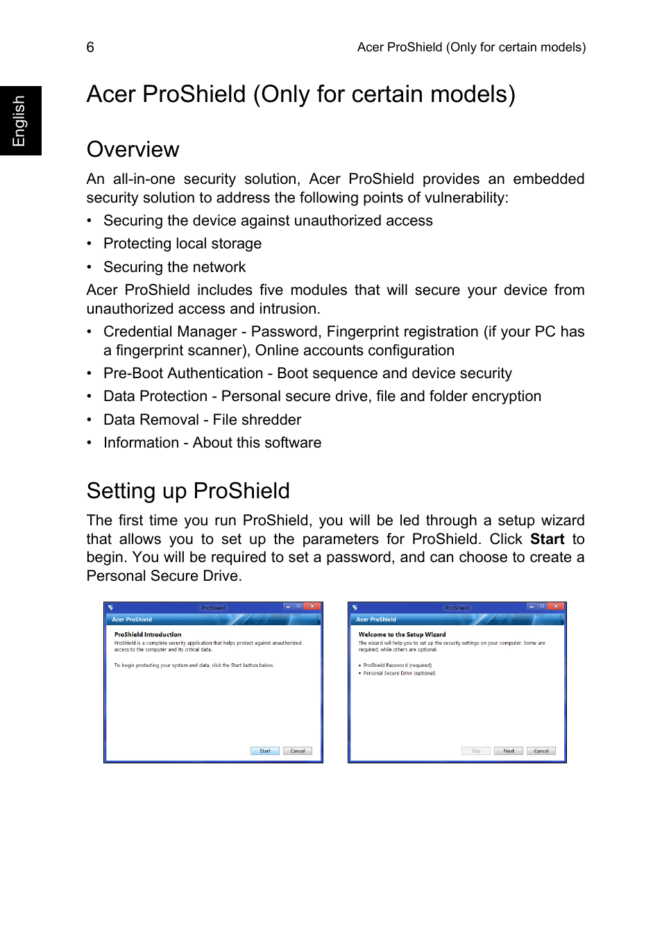 Acer proshield (only for certain models), Overview, Setting up proshield | Acer TravelMate B113-M User Manual | Page 26 / 2734