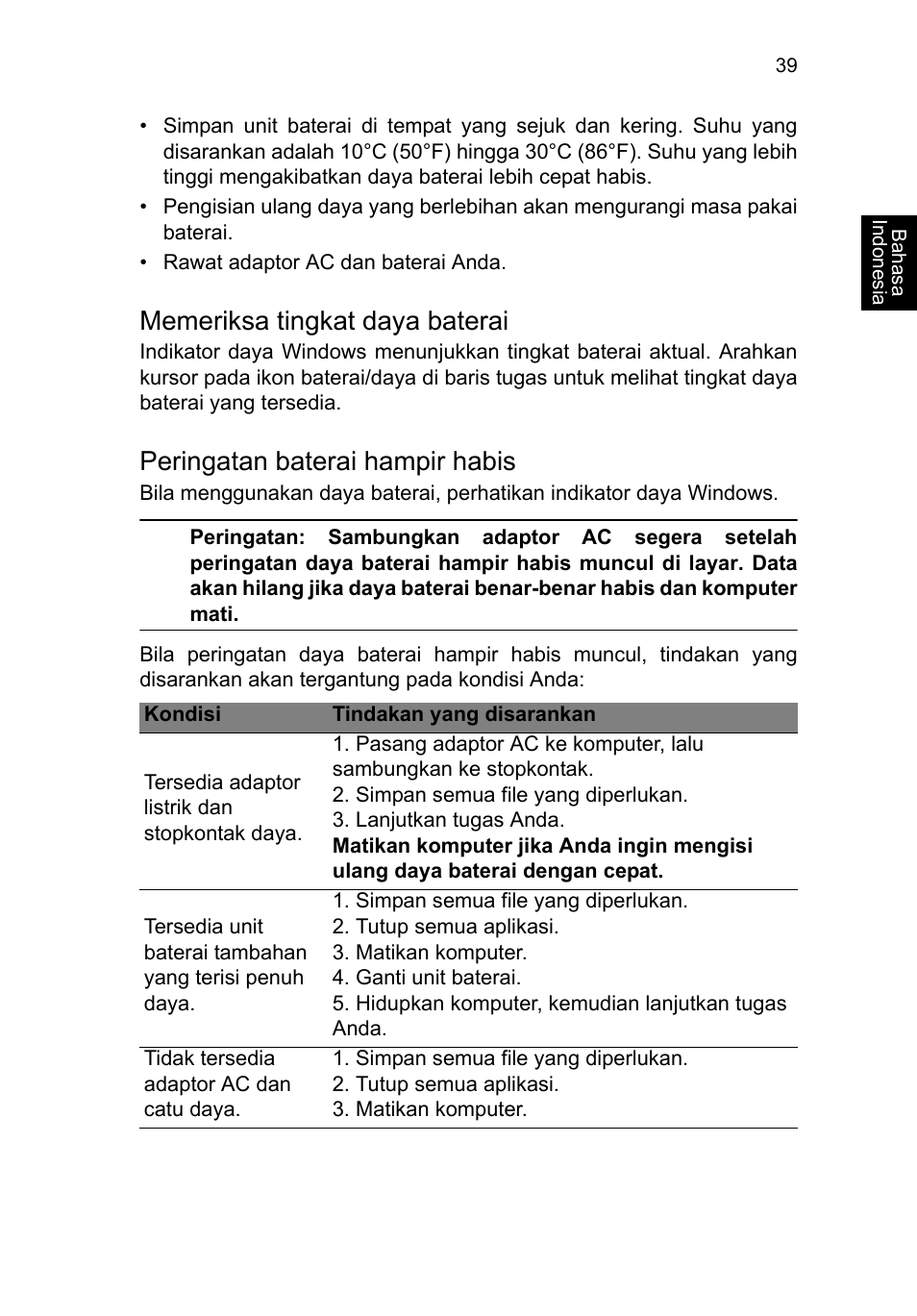 Memeriksa tingkat daya baterai, Peringatan baterai hampir habis | Acer TravelMate B113-M User Manual | Page 2607 / 2734