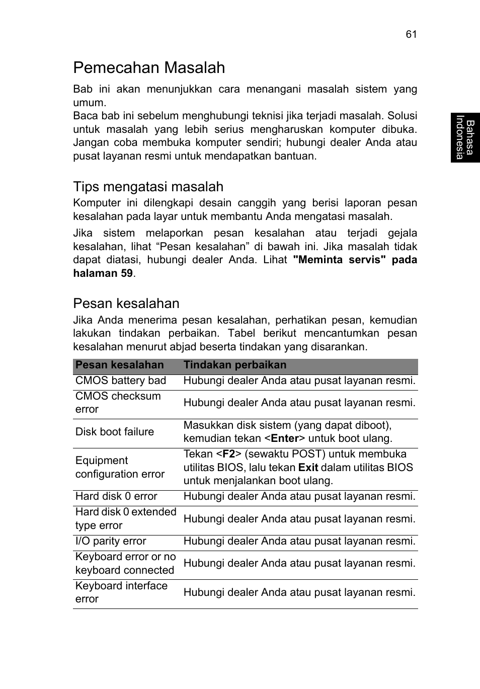 Pemecahan masalah, Tips mengatasi masalah, Pesan kesalahan | Acer TravelMate B113-M User Manual | Page 2629 / 2734