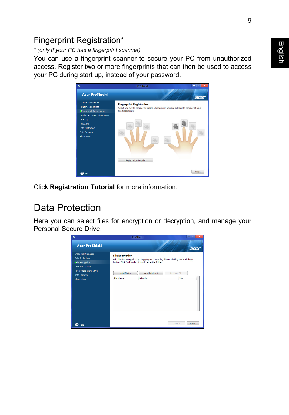 Fingerprint registration, Data protection | Acer TravelMate B113-M User Manual | Page 29 / 2734