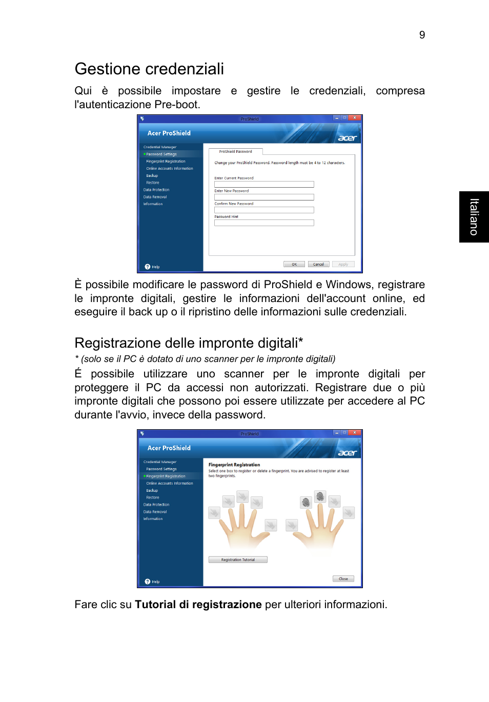 Gestione credenziali, Registrazione delle impronte digitali | Acer TravelMate B113-M User Manual | Page 313 / 2734