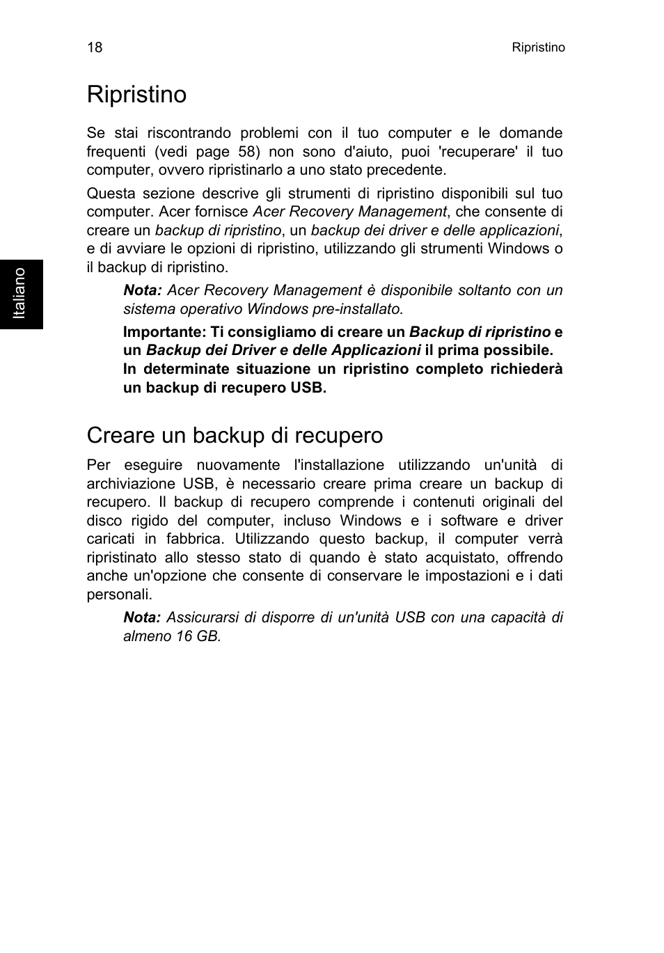 Ripristino, Creare un backup di recupero | Acer TravelMate B113-M User Manual | Page 322 / 2734