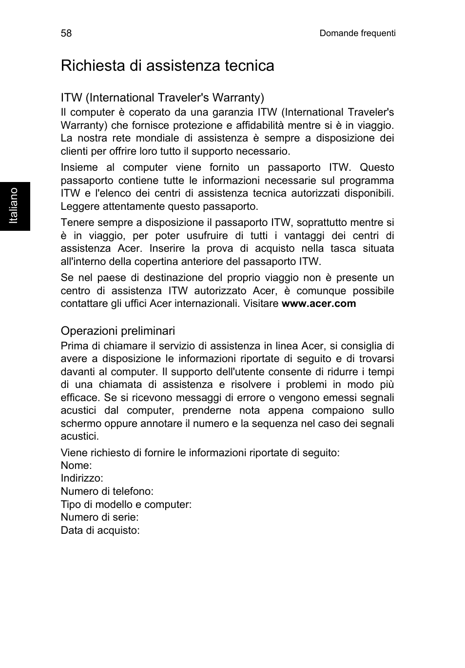 Richiesta di assistenza tecnica | Acer TravelMate B113-M User Manual | Page 362 / 2734