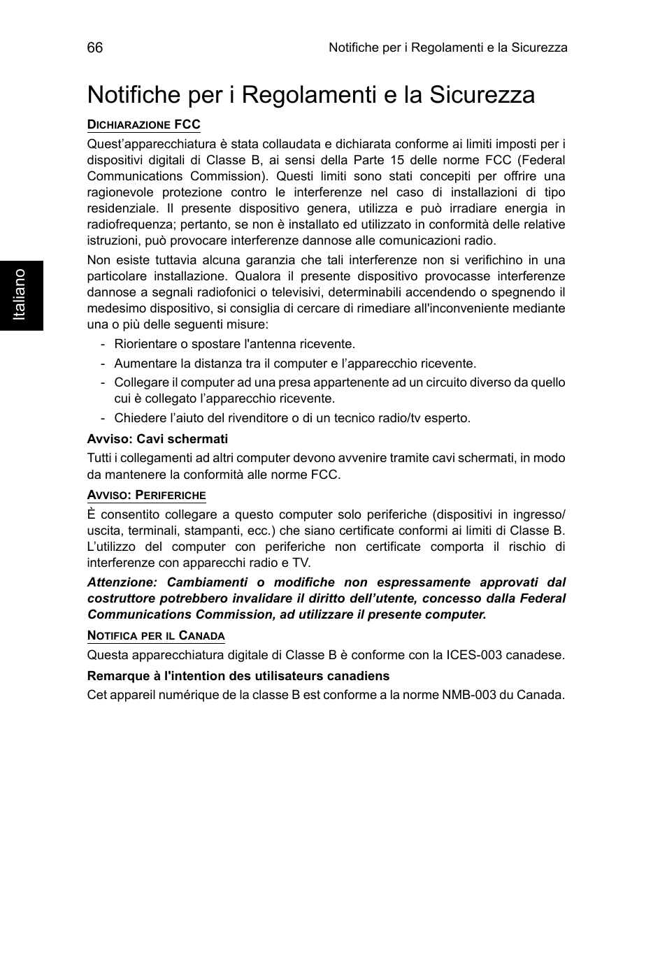 Notifiche per i regolamenti e la sicurezza, Ita liano | Acer TravelMate B113-M User Manual | Page 370 / 2734