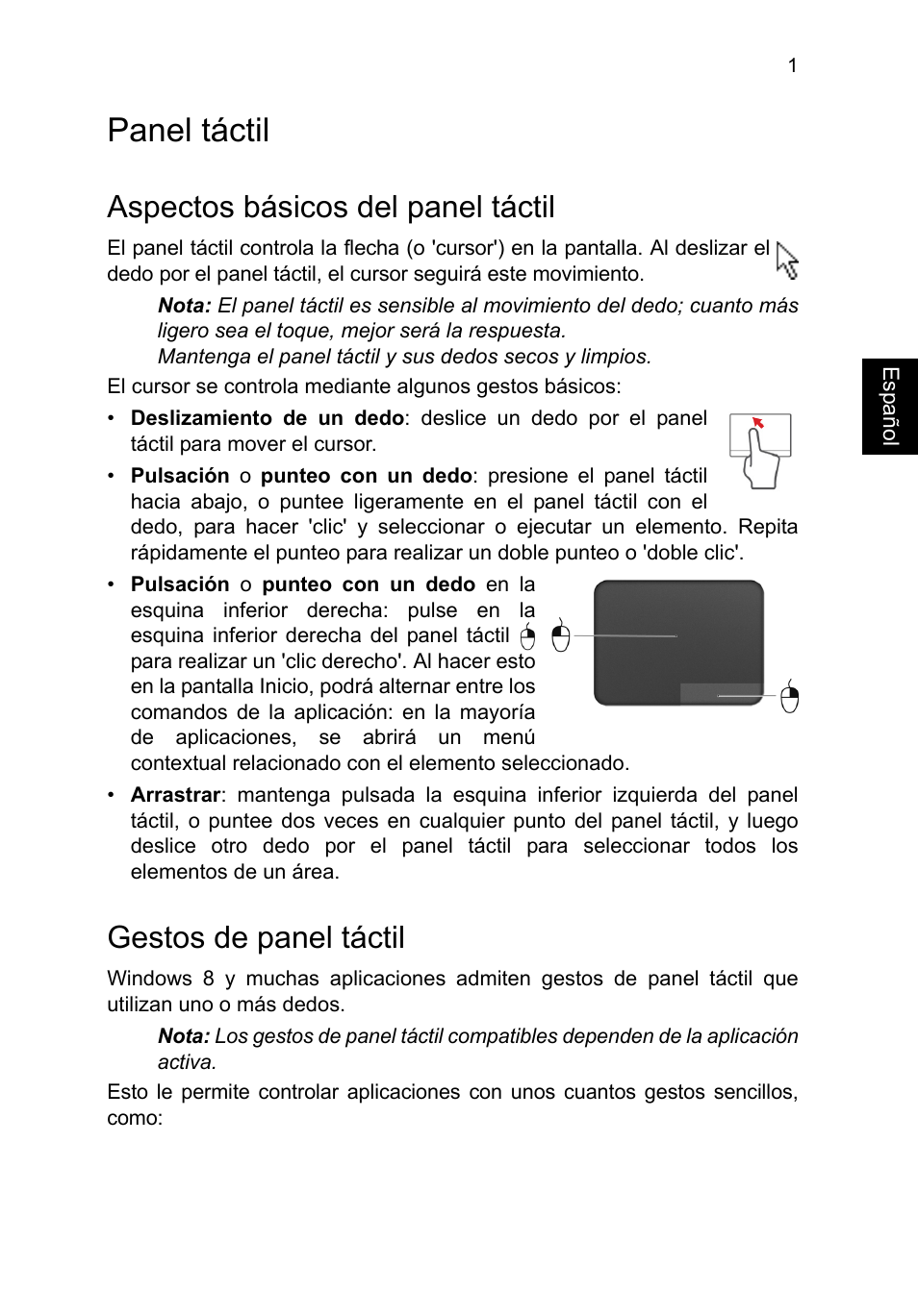 Panel táctil, Aspectos básicos del panel táctil, Gestos de panel táctil | Acer TravelMate B113-M User Manual | Page 397 / 2734