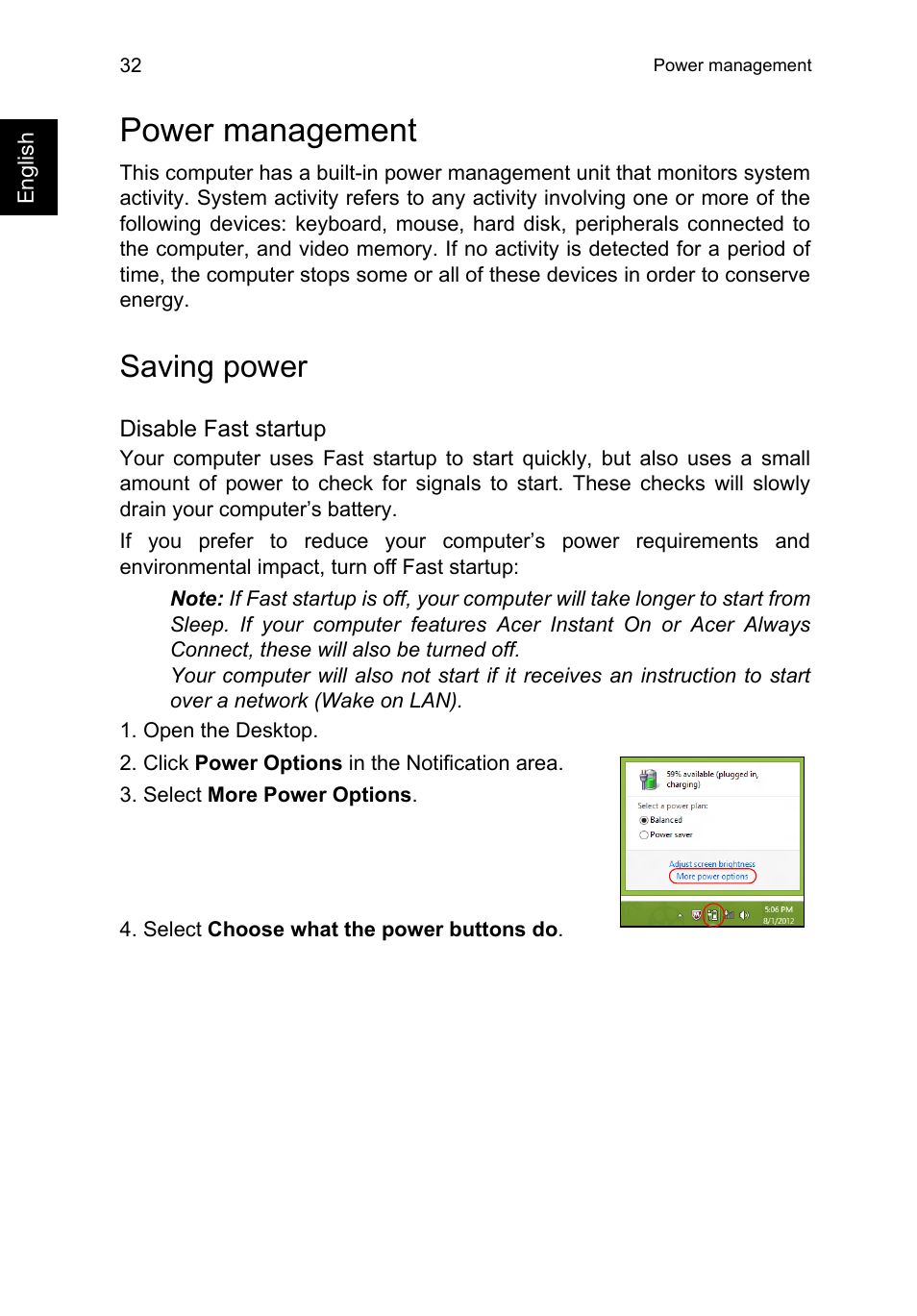 Power management, Saving power | Acer TravelMate B113-M User Manual | Page 52 / 2734