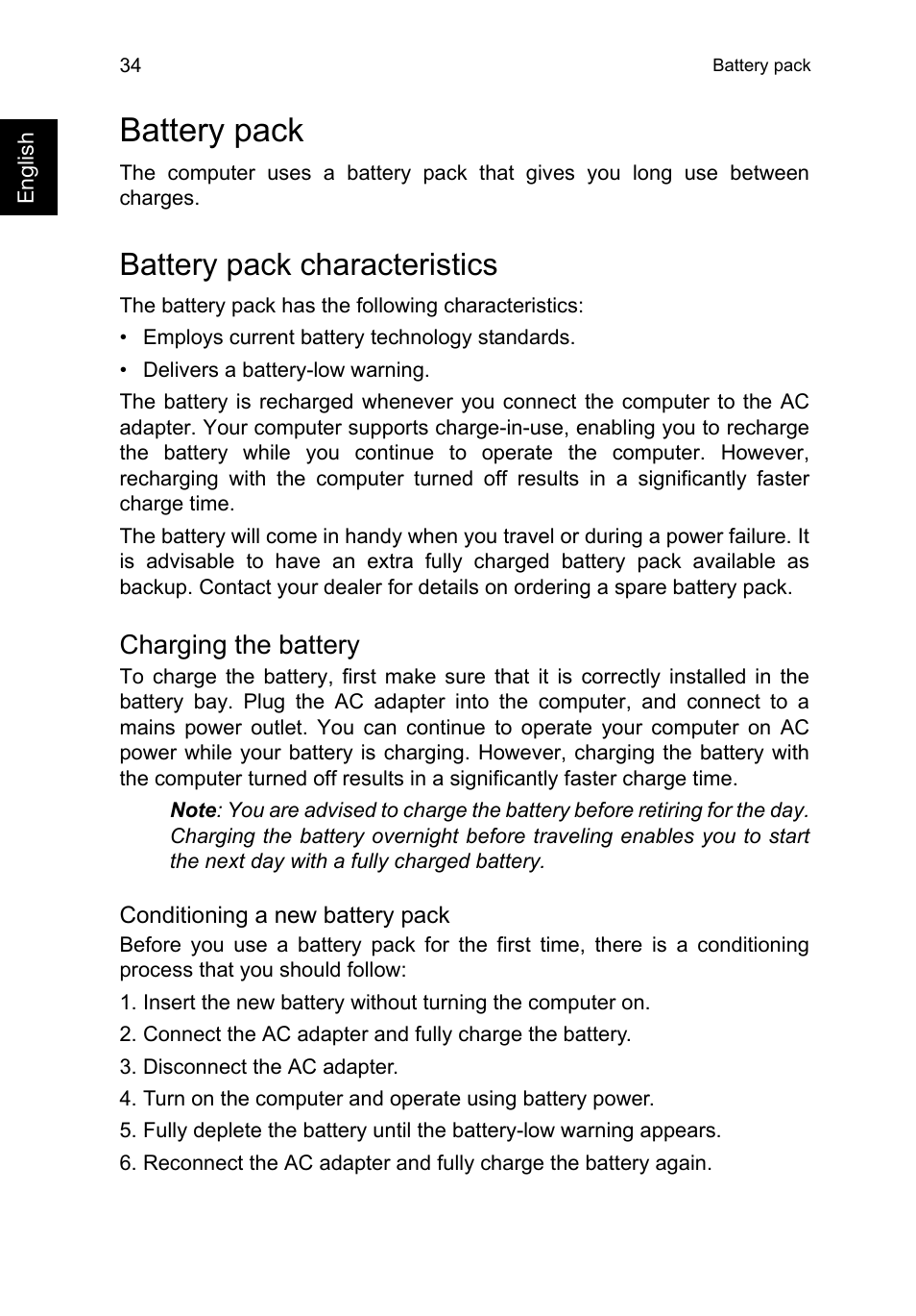 Battery pack, Battery pack characteristics, Charging the battery | Acer TravelMate B113-M User Manual | Page 54 / 2734