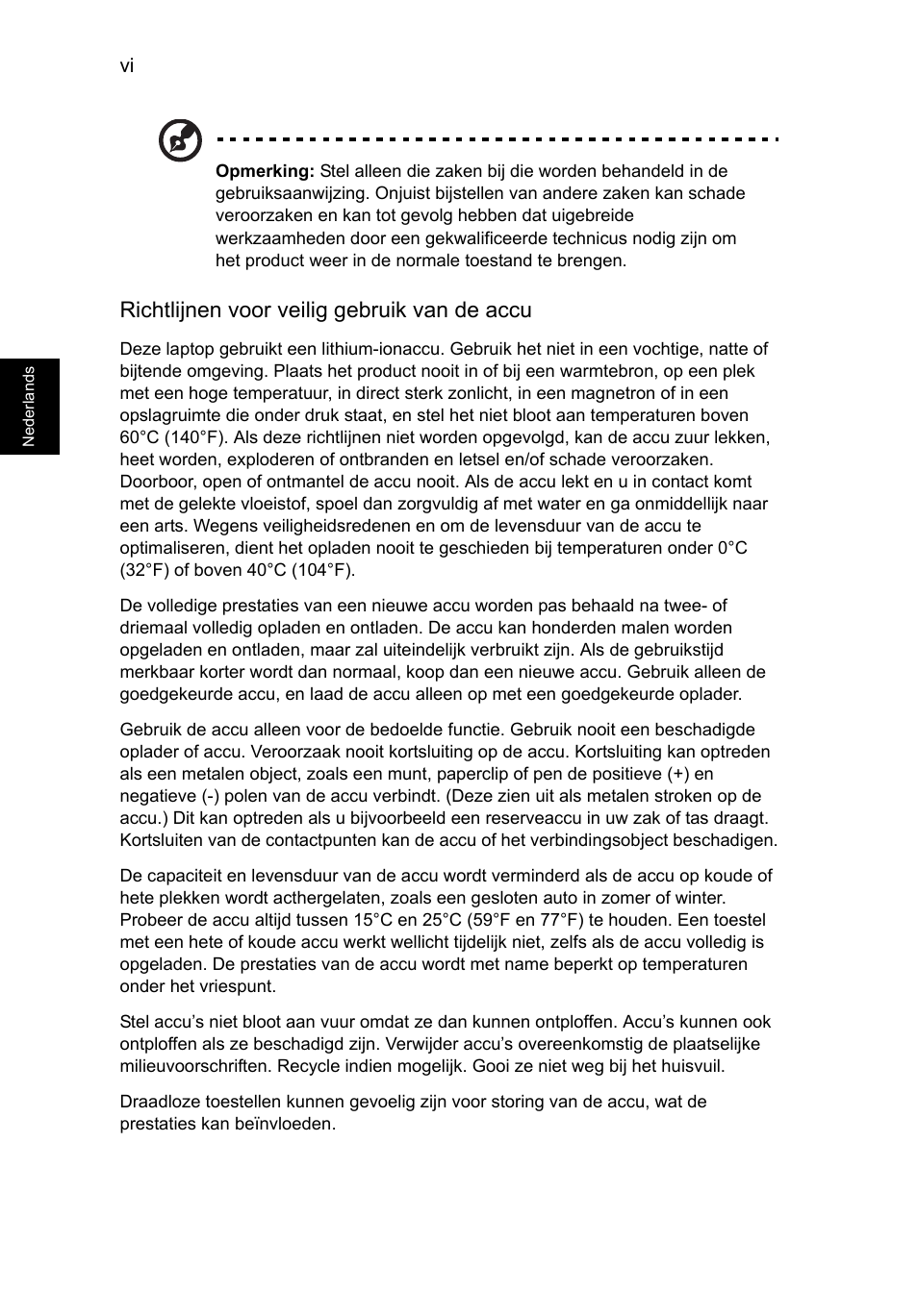 Richtlijnen voor veilig gebruik van de accu | Acer TravelMate B113-M User Manual | Page 566 / 2734
