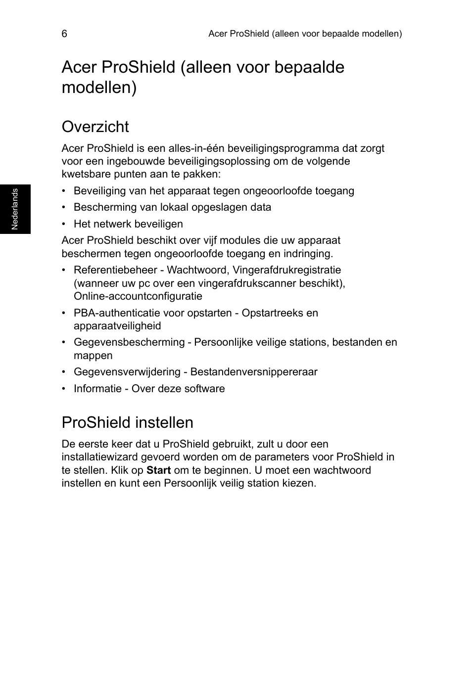 Acer proshield (alleen voor bepaalde modellen), Overzicht, Proshield instellen | Acer proshield (alleen voor bepaalde modellen) 6 | Acer TravelMate B113-M User Manual | Page 586 / 2734