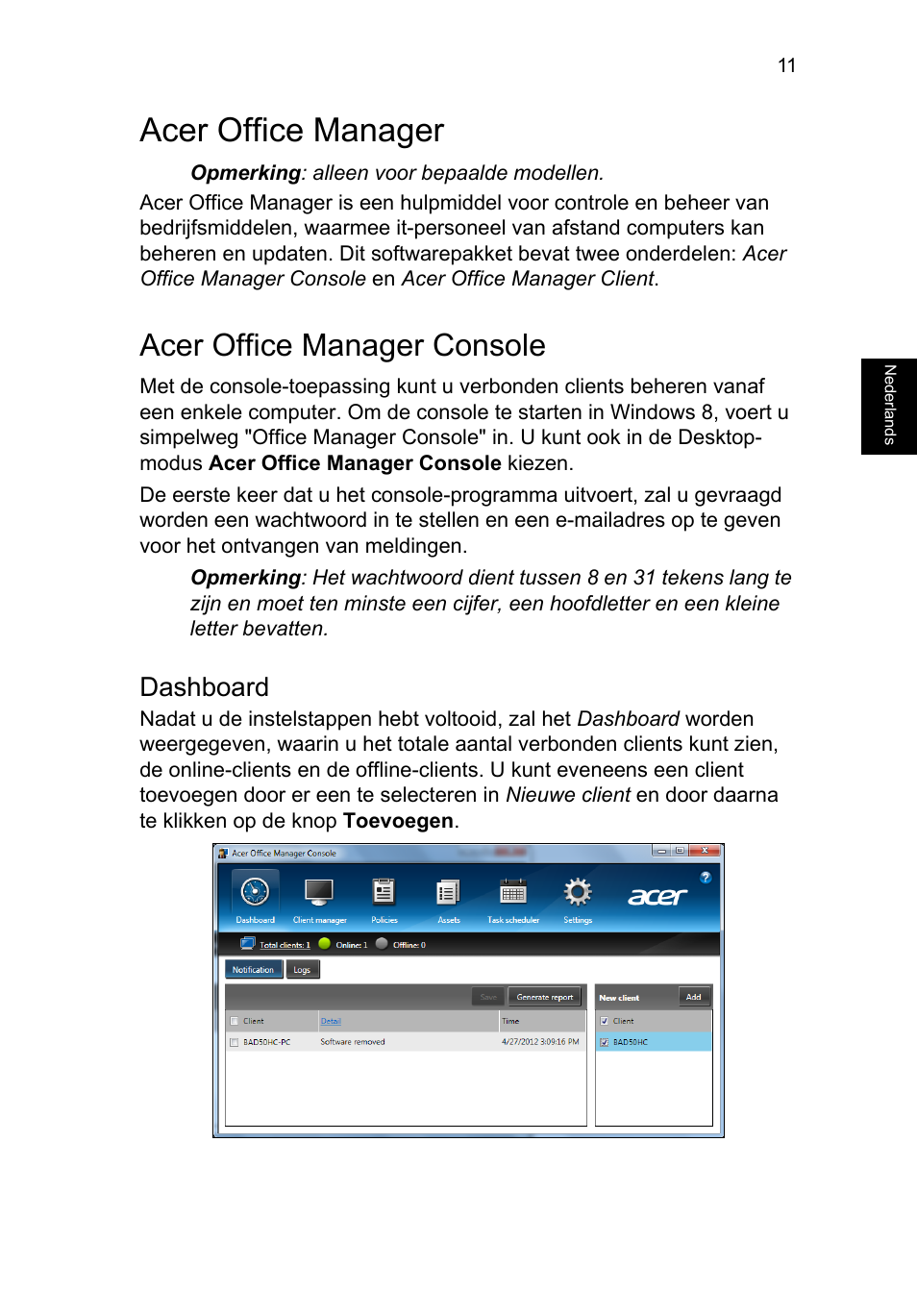 Acer office manager, Acer office manager console, Dashboard | Acer TravelMate B113-M User Manual | Page 591 / 2734