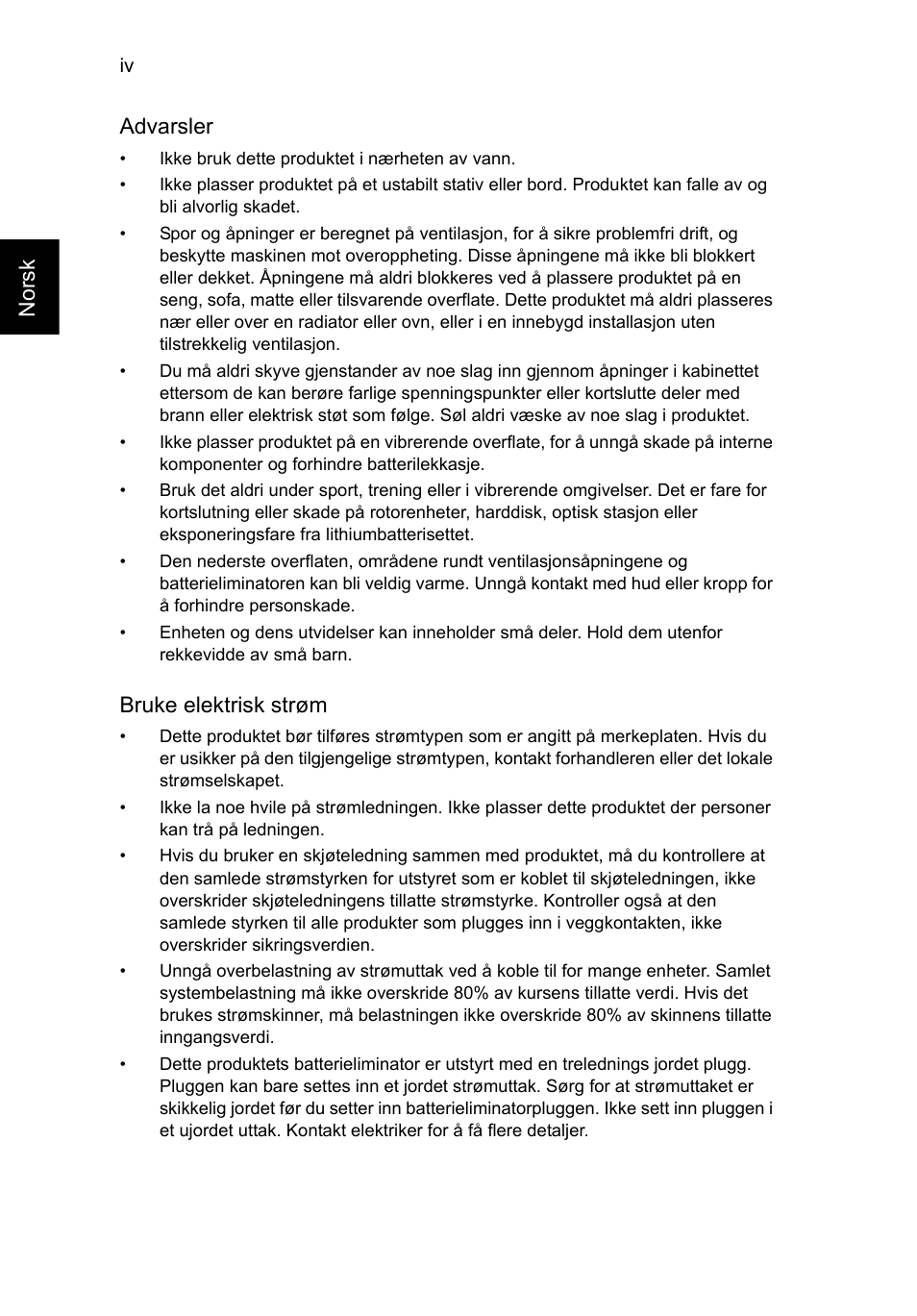 Norsk advarsler, Bruke elektrisk strøm | Acer TravelMate B113-M User Manual | Page 656 / 2734