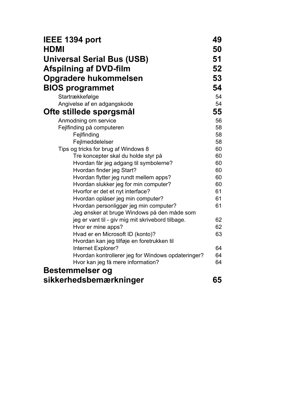 Ofte stillede spørgsmål 55, Bestemmelser og sikkerhedsbemærkninger 65 | Acer TravelMate B113-M User Manual | Page 759 / 2734