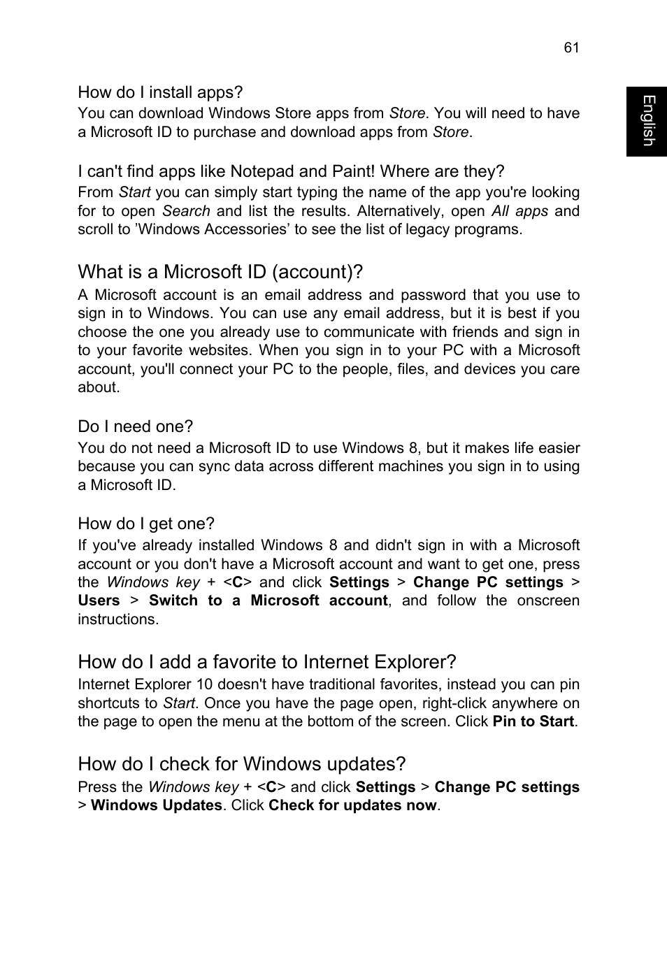 What is a microsoft id (account), How do i add a favorite to internet explorer, How do i check for windows updates | Acer TravelMate B113-M User Manual | Page 81 / 2734