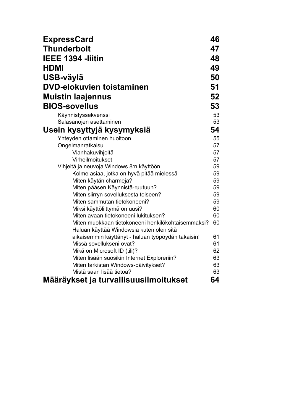 Usein kysyttyjä kysymyksiä 54, Määräykset ja turvallisuusilmoitukset 64 | Acer TravelMate B113-M User Manual | Page 937 / 2734