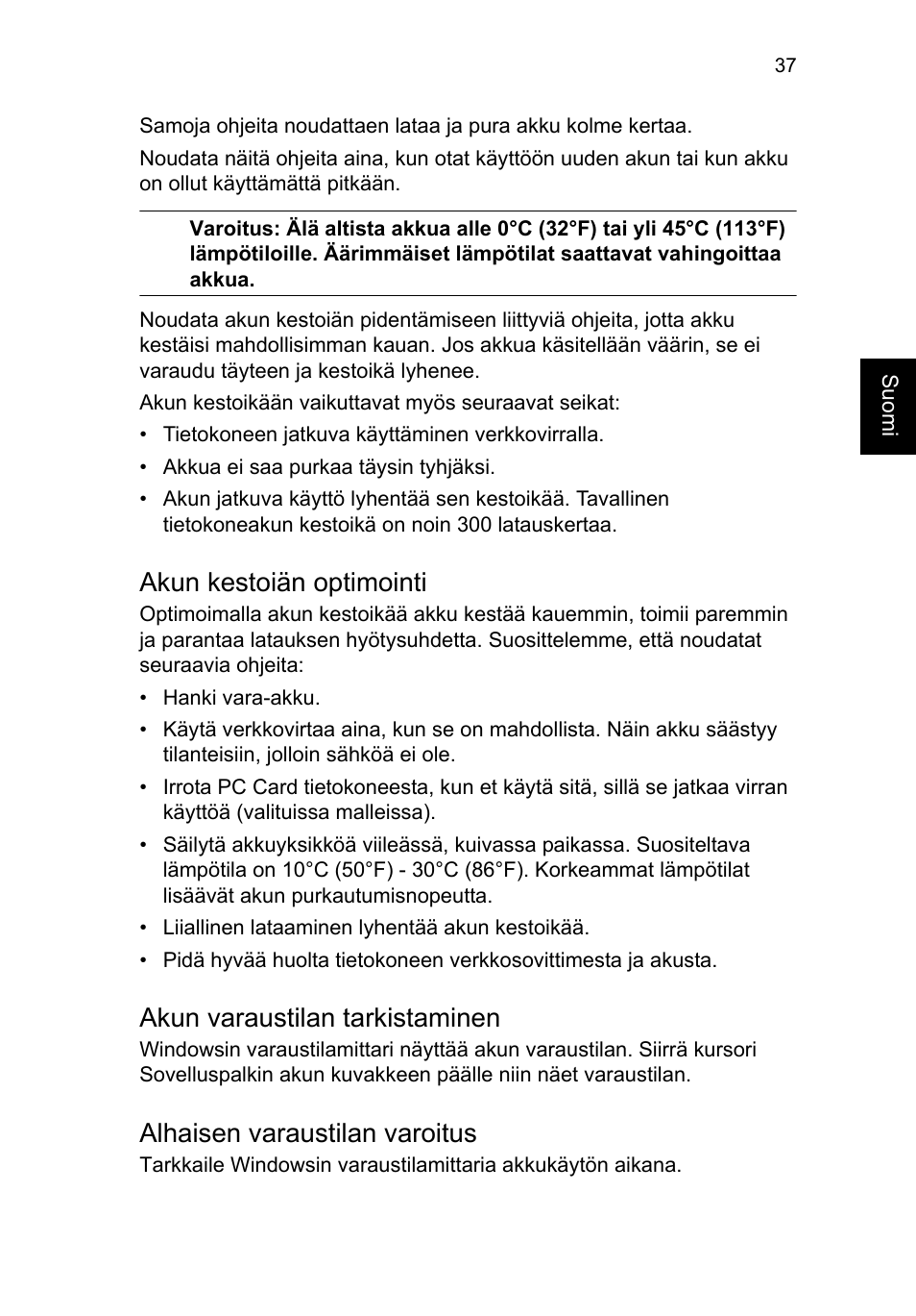 Akun kestoiän optimointi, Akun varaustilan tarkistaminen, Alhaisen varaustilan varoitus | Acer TravelMate B113-M User Manual | Page 975 / 2734