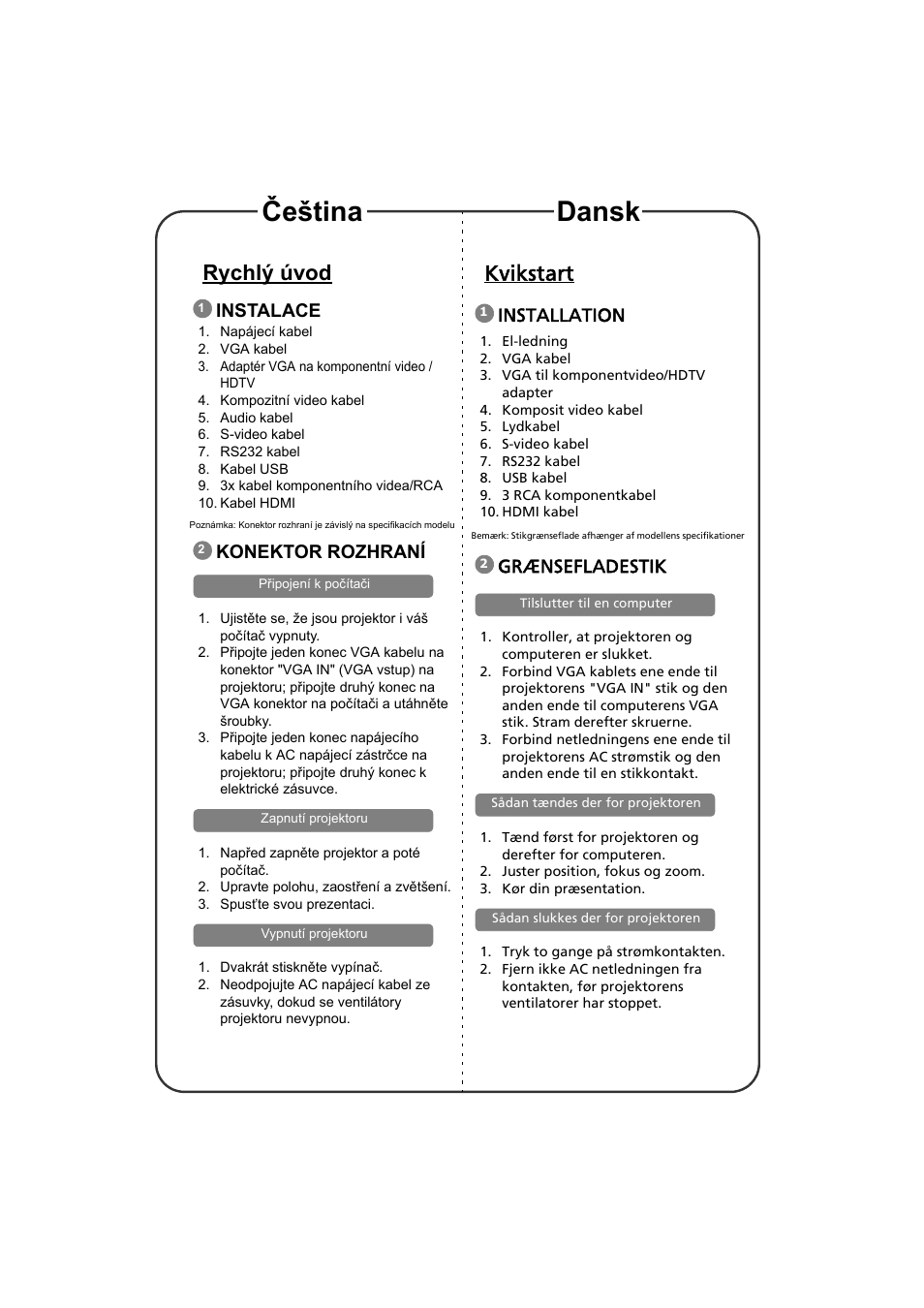 Rychlæ úvod, Instalace, Konektor rozhraní | Kvikstart, Installation, Grænsefladestik, Čeština dansk, Rychlý úvod | Acer H6510BD User Manual | Page 6 / 20