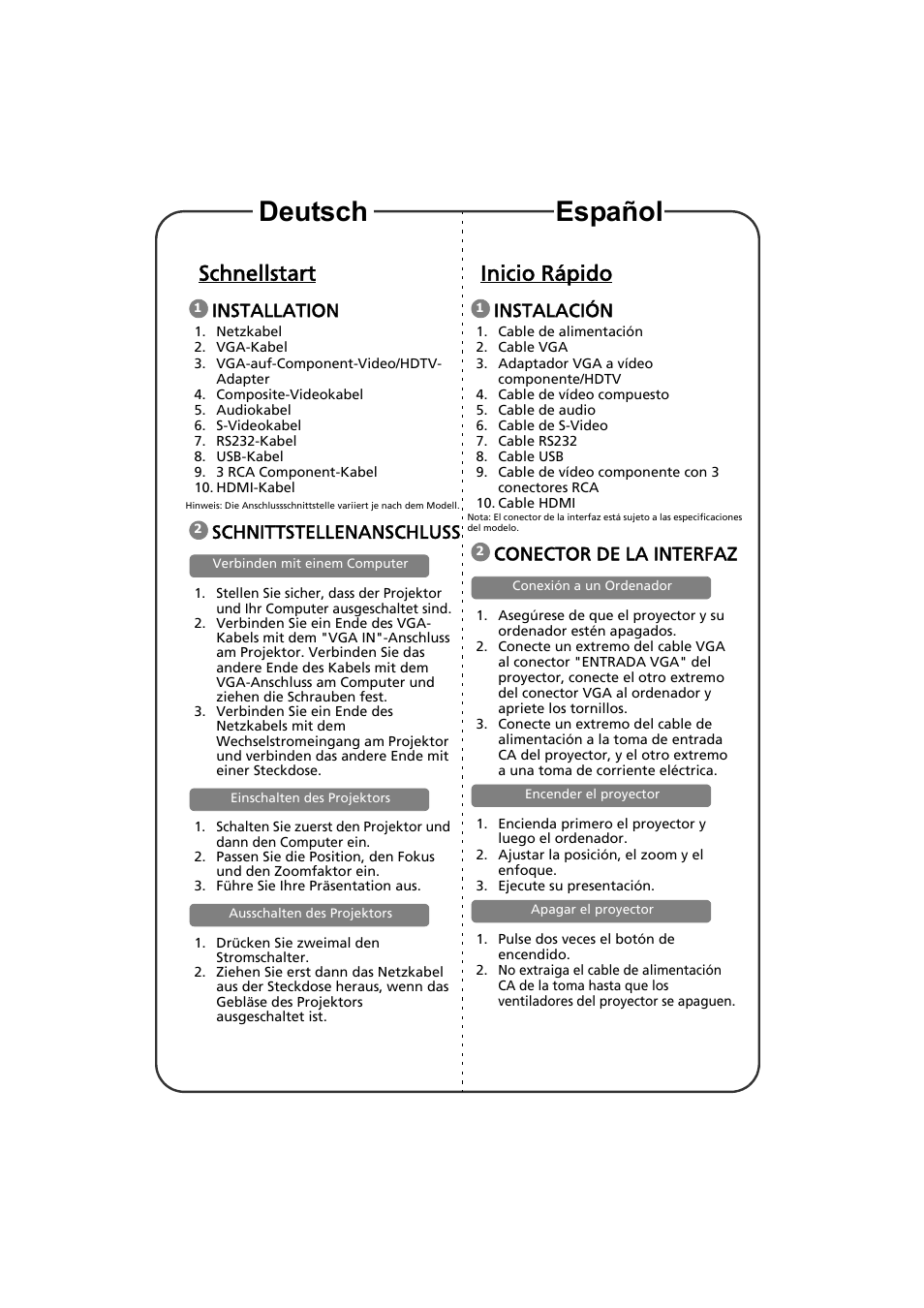 Schnellstart, Installation, Schnittstellenanschluss | Inicio rápido, Instalación, Conector de la interfaz, Deutsch español | Acer H6510BD User Manual | Page 7 / 20