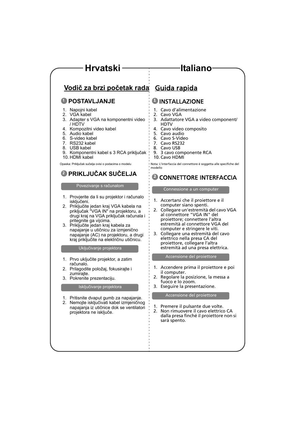 Vodiè za brzi poèetak rada, Postavljanje, Prikljuèak suèelja | Guida rapida, Installazione, Connettore interfaccia, Hrvatski italiano, Vodič za brzi početak rada, Priključak sučelja | Acer H6510BD User Manual | Page 9 / 20