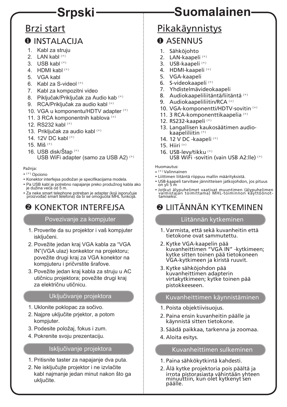 Suomalainen, Srpski, Pikakäynnistys | Brzi start, Asennus, Liitännän kytkeminen, Instalacija, Konektor interfejsa | Acer P7605 User Manual | Page 12 / 18