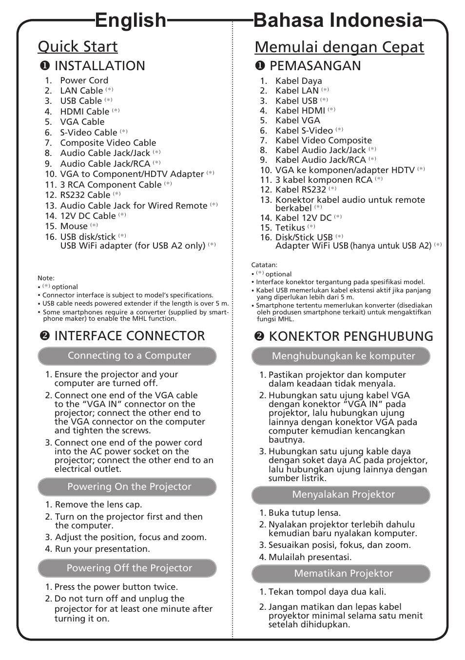 English, Bahasa indonesia, Quick start | Memulai dengan cepat, Installation, Interface connector, Pemasangan, Konektor penghubung, Connecting to a computer, Powering on the projector | Acer P7605 User Manual | Page 2 / 18