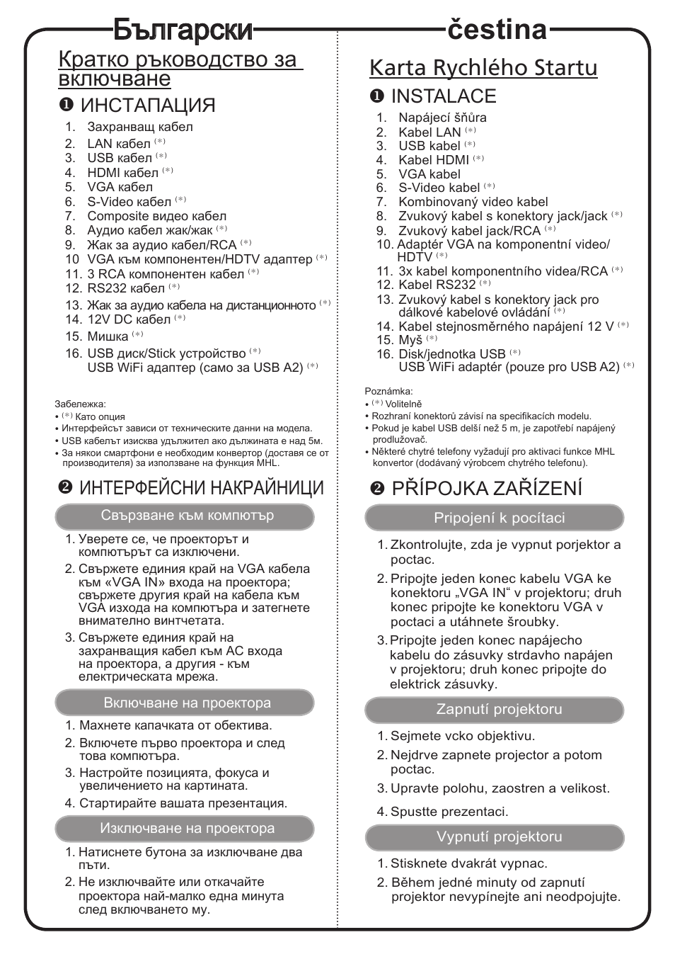 Čestina, Български, Karta rychlého startu | Кратко ръководство за включване, Instalace, Přípojka zařízení, Иhctaпaция, Интерфейсни накрайници | Acer P7605 User Manual | Page 3 / 18