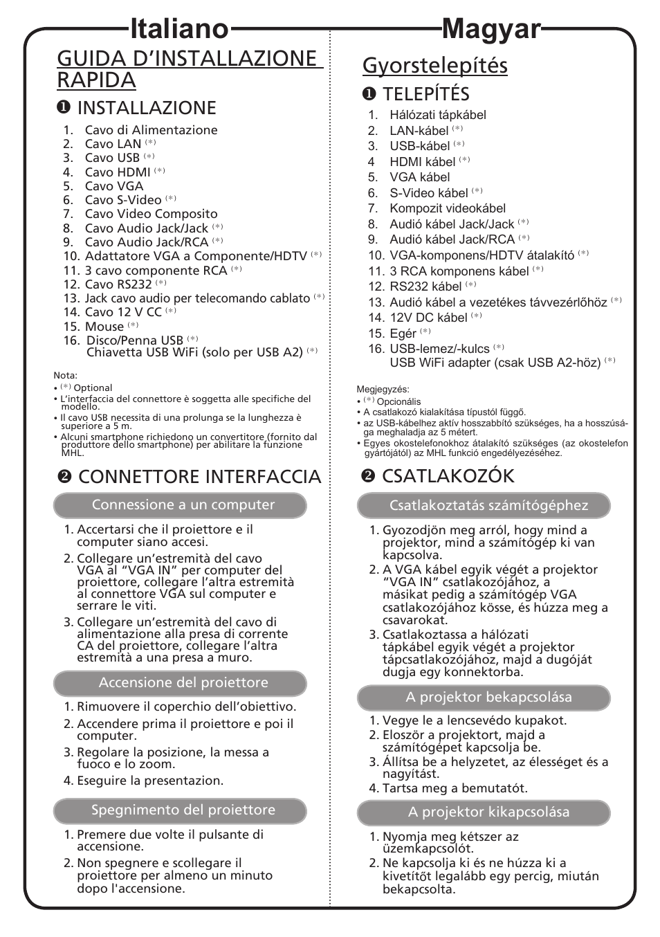 Magyar, Italiano, Gyorstelepítés | Guida d’installazione rapida, Telepítés, Csatlakozók, Installazione, Connettore interfaccia | Acer P7605 User Manual | Page 7 / 18