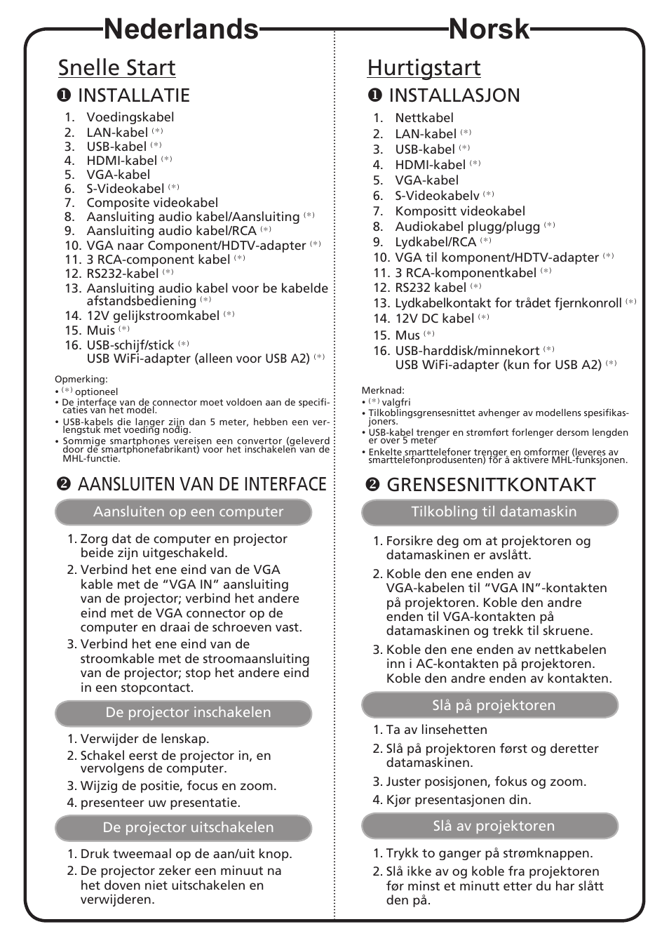 Nederlands, Norsk, Snelle start | Hurtigstart, Installatie, Aansluiten van de interface, Installasjon, Grensesnittkontakt, Aansluiten op een computer, De projector inschakelen | Acer P7605 User Manual | Page 8 / 18