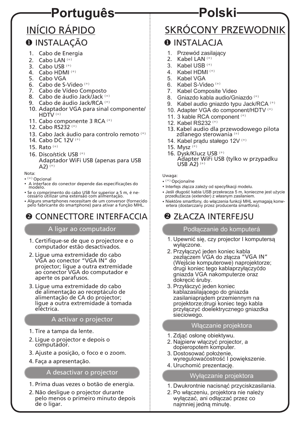 Português, Polski, Início rápido | Skrócony przewodnik, Instalação, Złacza interfejsu, Connecttore interfaccia, Instalacja | Acer P7605 User Manual | Page 9 / 18