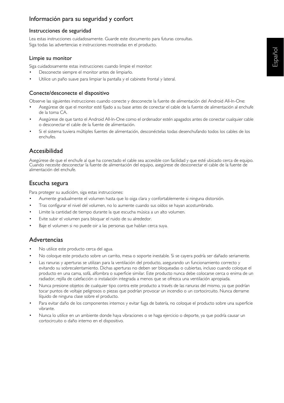 Españ ol, Información para su seguridad y confort, Accesibilidad | Escucha segura, Advertencias | Acer DA223HQL User Manual | Page 15 / 40